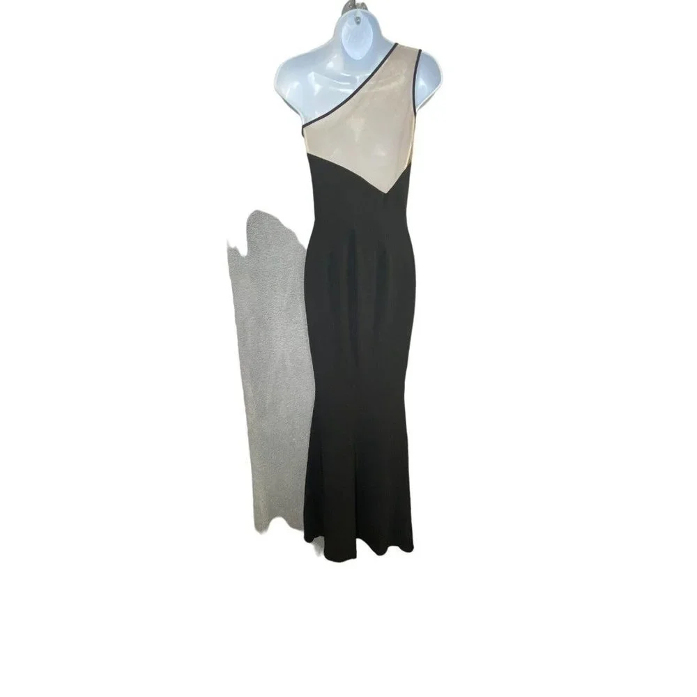 Dress The Population Womens One‎ Shoulder Long Evening Dress Mesh Raelyn Black